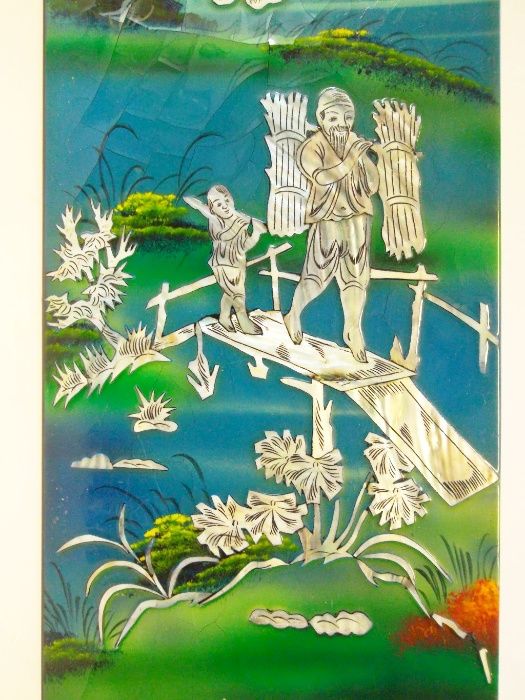 2 quadros asiáticos vintage lacadas com embutidos em madre perola