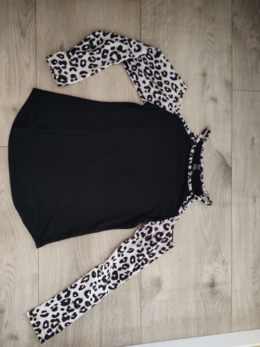 Nowa czarna bluzka z rękawami w panterkę, koszulka z długim rękawem XS