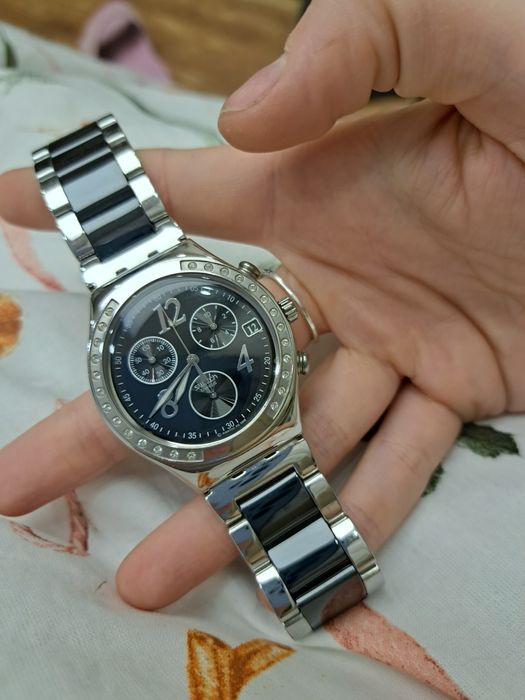 Zegarek swatch irony chrono srebrny czarny że stoperem
