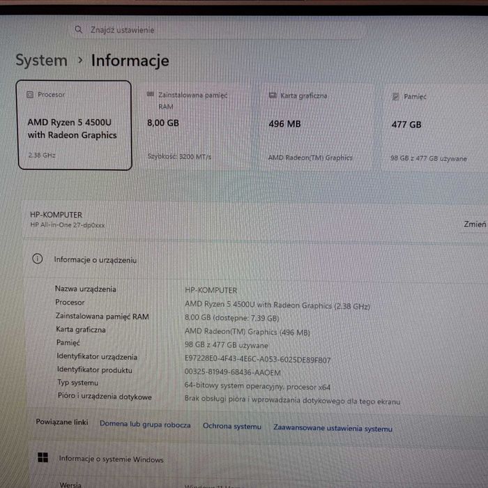 komputer HP all-in-one 27" AMD Ryzen 5 Windows 11 SSD 512GB