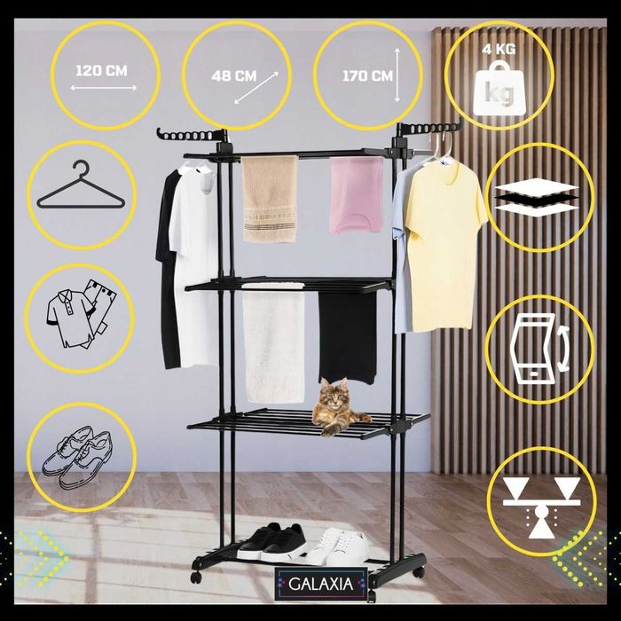 suszarka na pranie stojąca pionowa na ubrania składana czarna xxl fv