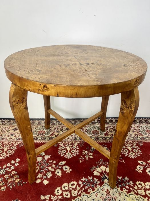 Stół okrągly Art Deco lata 60 fornir korzeń orzech śr 76 vintage