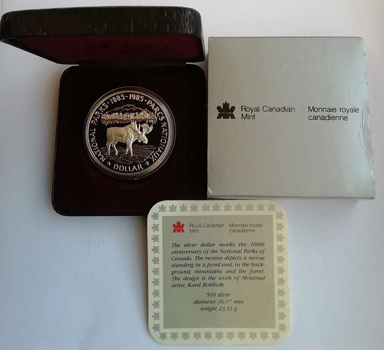Канада 1 долар 1985р. СРІБЛО. ПРУФ. Національні парки! Сертифікат.