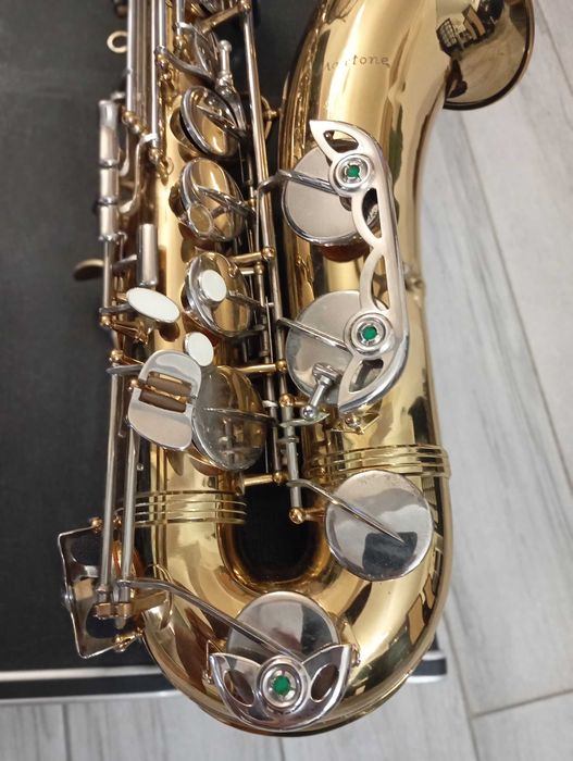 Saxofone com mala de transporte.
