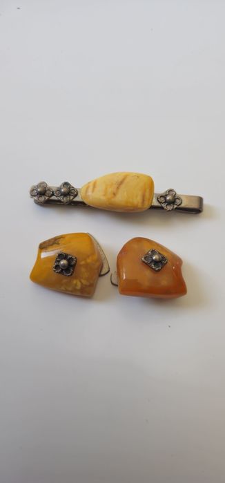 Bursztynowe spinki do mankietów i krawatu PRL Vintage