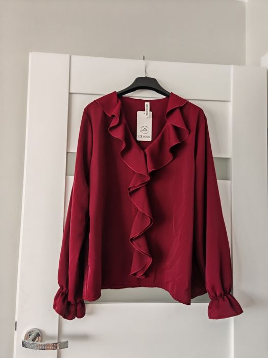 Bluzka elegancka nowa z żabotem L XL bordowa burgund wino