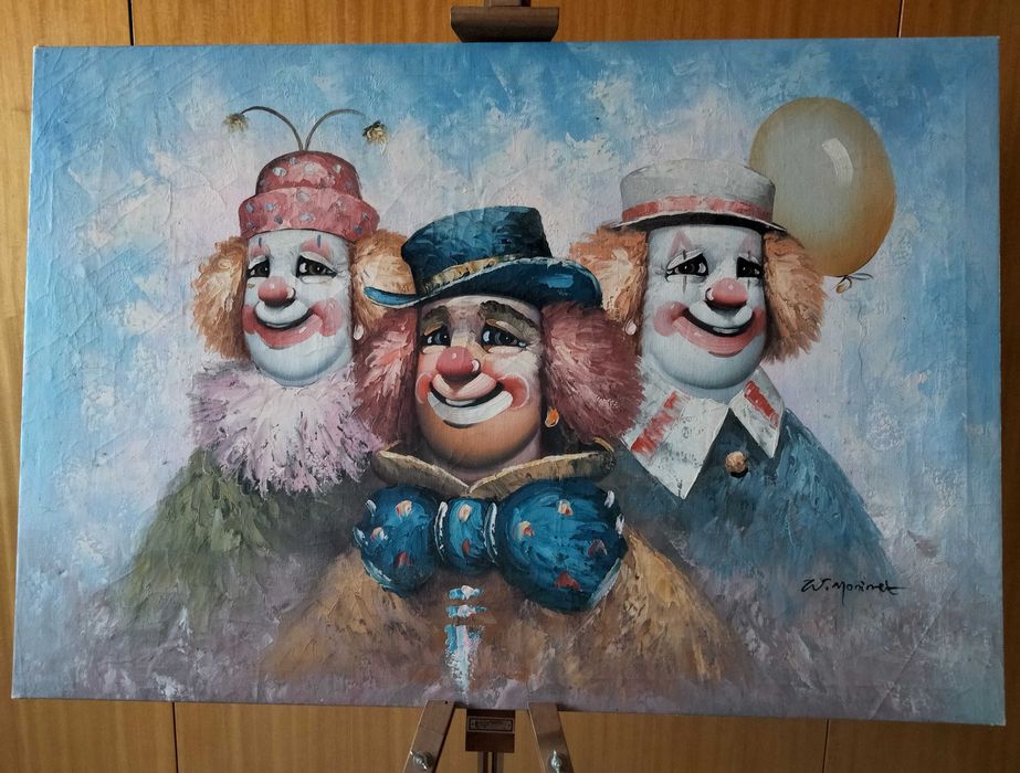 Pintura a óleo sobre tela vintage de William Moninet - Palhaços