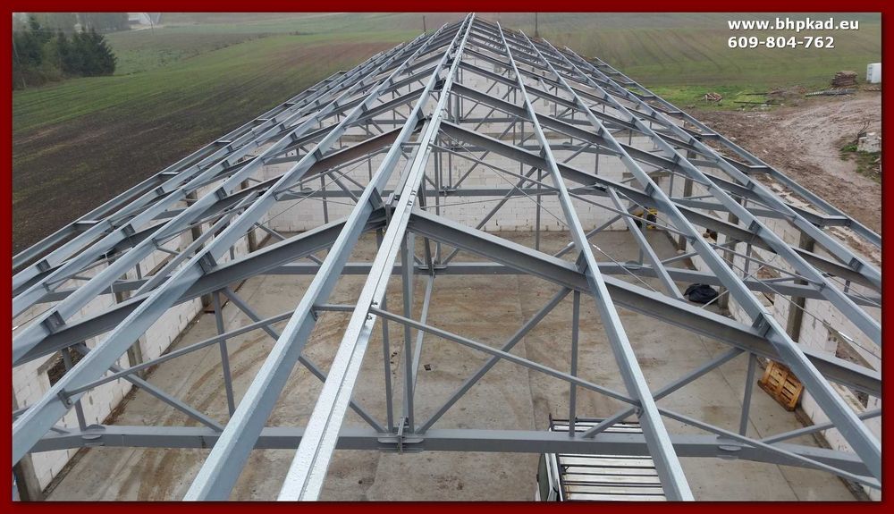 Wiązary dachowe. Magazyn. 16x50m. Dach stalowy. BHP KAD. Bartoszyce.
