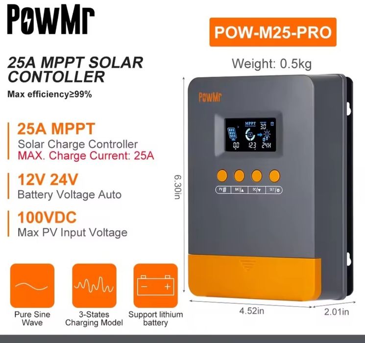 Контролер заряду RowMr POW-M25-PRO 12/24V MPPT в наявності 25A і 45A