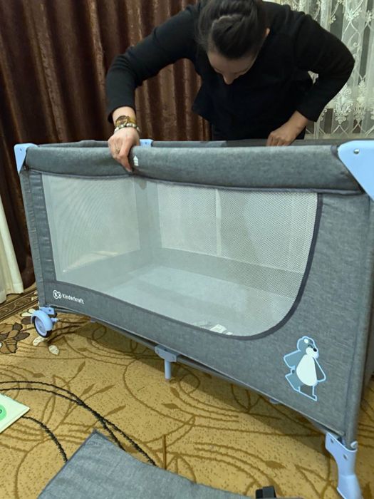 Ліжко-манеж Kinderkraft Joy Blue сіре з блакитним