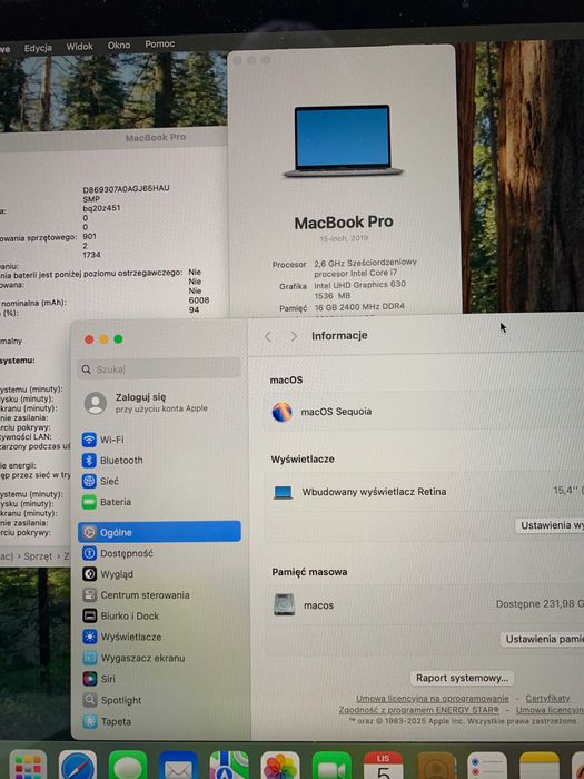 Apple Macbook PRO 2019r 15 Retina  i7 4,5GHz, 16GB 256GB AMD Pro 555X