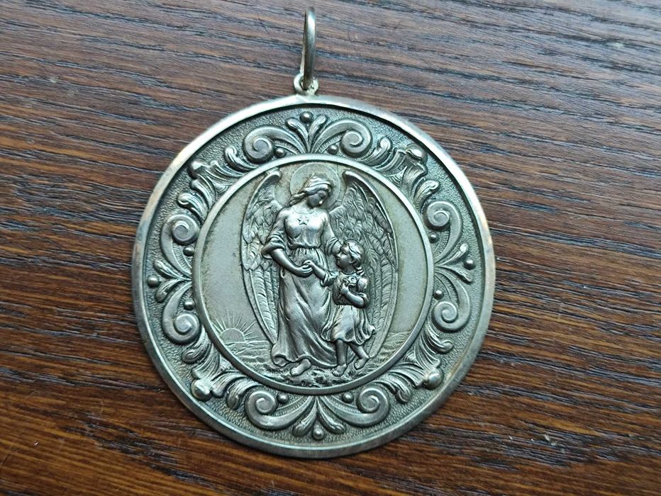 Grande medalha em prata pendente Anjo da Guarda