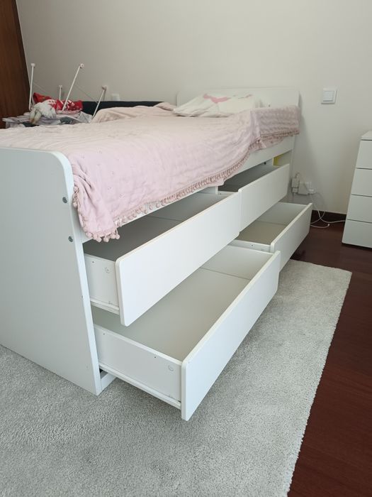 Estrut cama c/arrum+estrad ripas, branco, 90x200 cm