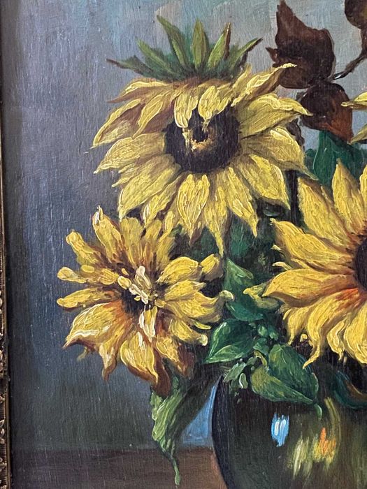 Girassóis, pintura antiga a óleo sobre madeira, com moldura antiga