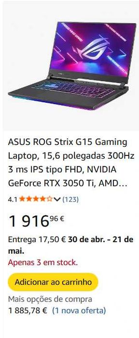 Portátil ASUS ROG ROG Strix G513IE 16GB RAM AMD Radeon Ryzen7 4800H , 4 GB GPU RTX3050 TI