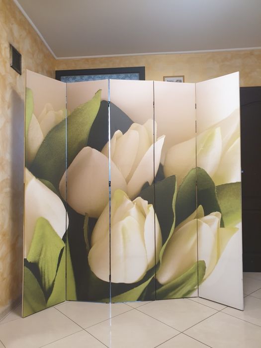 Parawan dwustronny białe kwiaty/ stan bardzo dobry