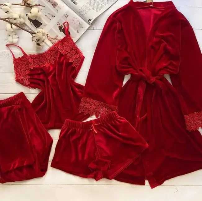 Жіноча велюрова піжама 4в1 (майка, шорти, штани та халат) - червона