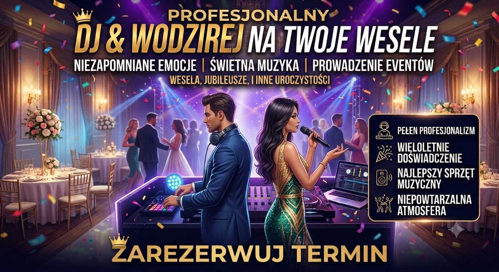 Kompleksowa Obsługa Imprez - DJ & Wodzirej na wesele, 18stka, imprezy okolicznościowe, ciężki dym, wiatraki iskier, fotobudka 360, fotograf, drinkbar