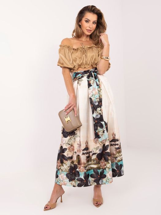 Spódnica Damska Czarna Midi w Kwiaty Wysoki Stan z Paskiem MAYA Elegancka Rozkloszowana Lato Casual