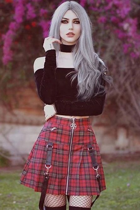 Spódnica w Kratkę z Elementami Gotyckimi Wysoki Stan GOTH - M