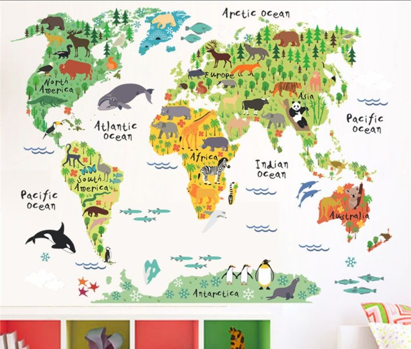Decoração de parede infantil - mapa mundi dos animais