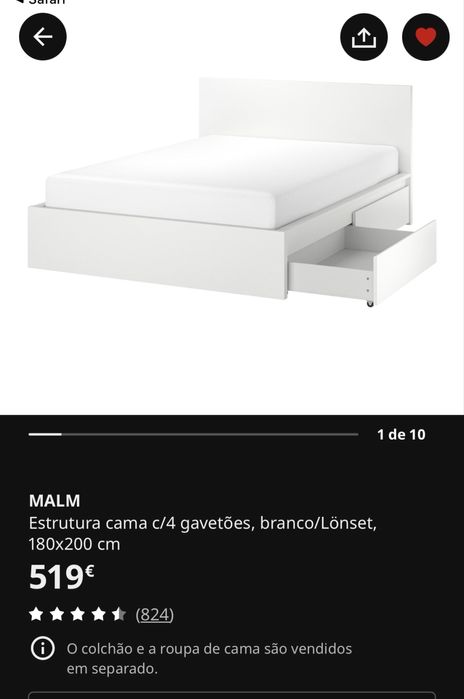 Cama Malm IKEA com 4 gavetas 180x200