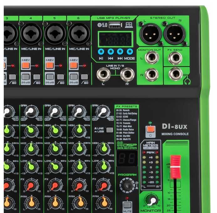 DEBRA Profesjonalny mikser 8-KANAŁOWY DI-8UX, 99 DSP USB MP3 48V OPIS!