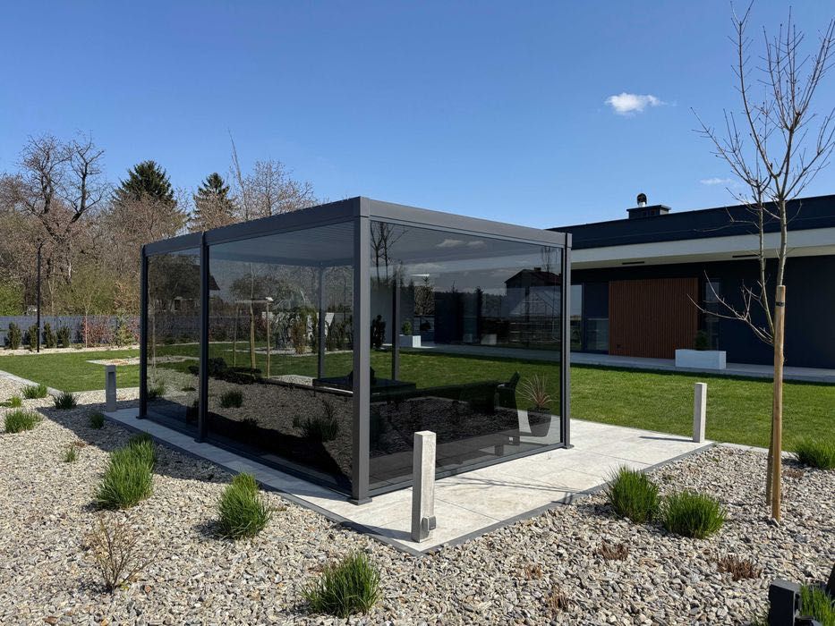Pergola ogrodowa COMFORTO Aluminiowa z szklanymi ścianami grafitowymi - Standard Premium! Pergola tarasowa / Altana aluminiowa / Ogród zimowy