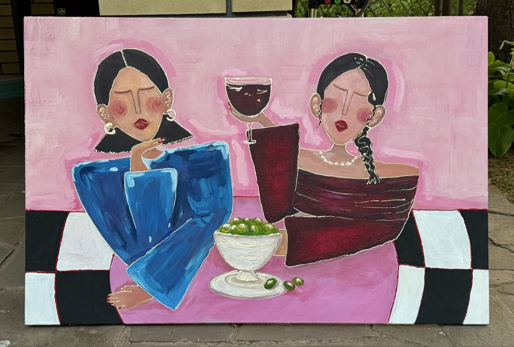 Картина акрилом - «Подруги за бокалом вина»