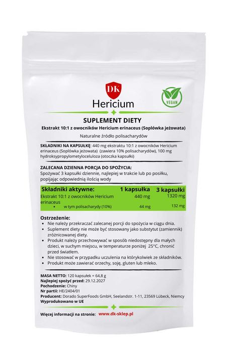 Hericium 450 mg 120 kapsułek ekstrakt 10:1