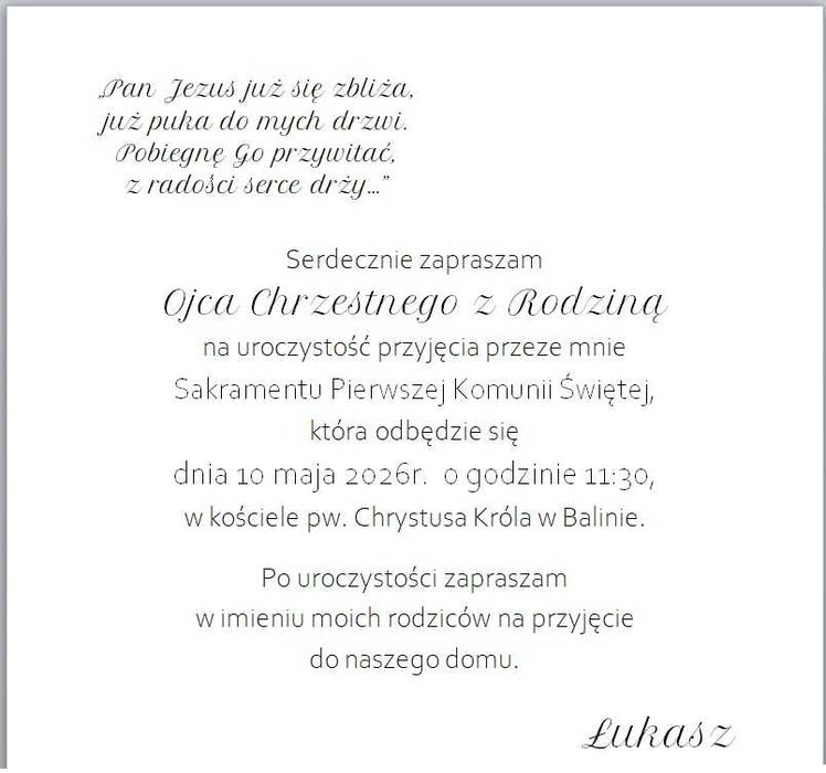 Zaproszenie na Pierwszą Komunię Świętą, komunijne