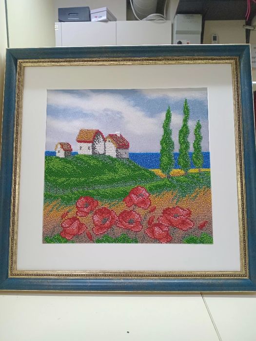 Картина. Вишивка бісером. Пейзаж. Літо. Будинки. Мак