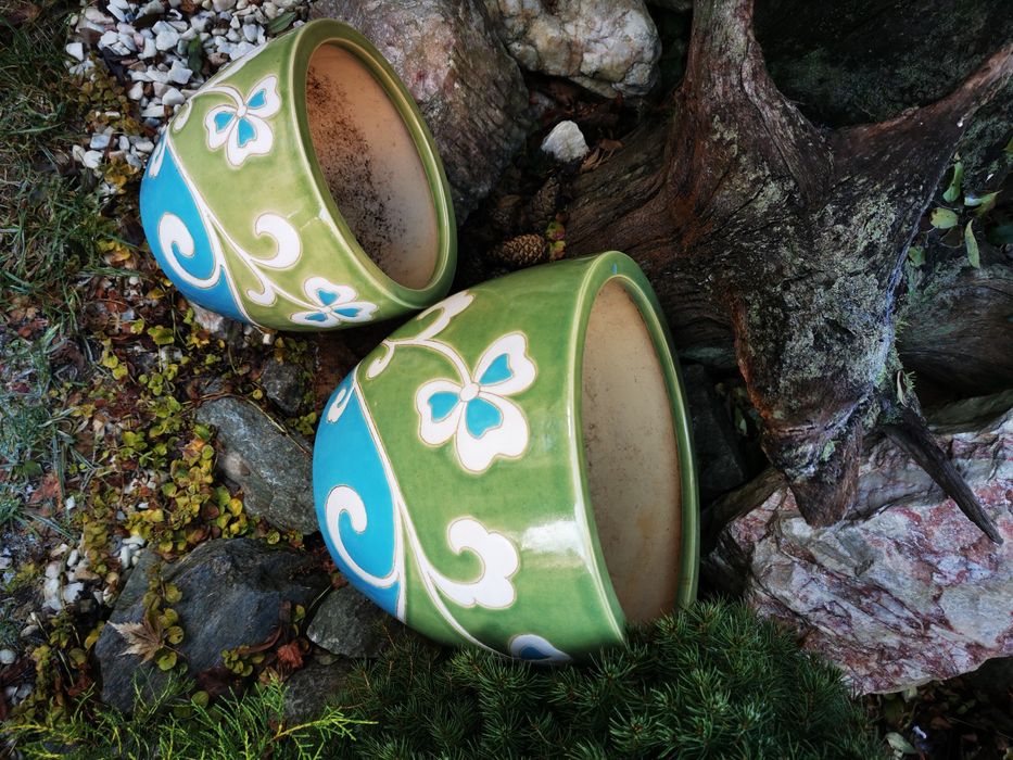 Para ceramicznych donic vintage zielono turkusowe secesja