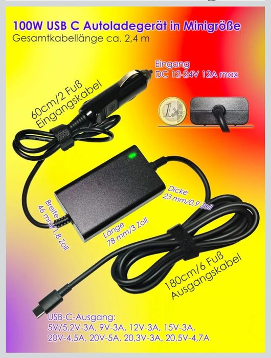 100W 12-24V DC uniwersalny adapter USB-C ładowarka samochod do laptopa
