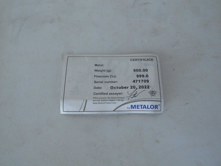 Barra de Prata Metalor de 500 gr.