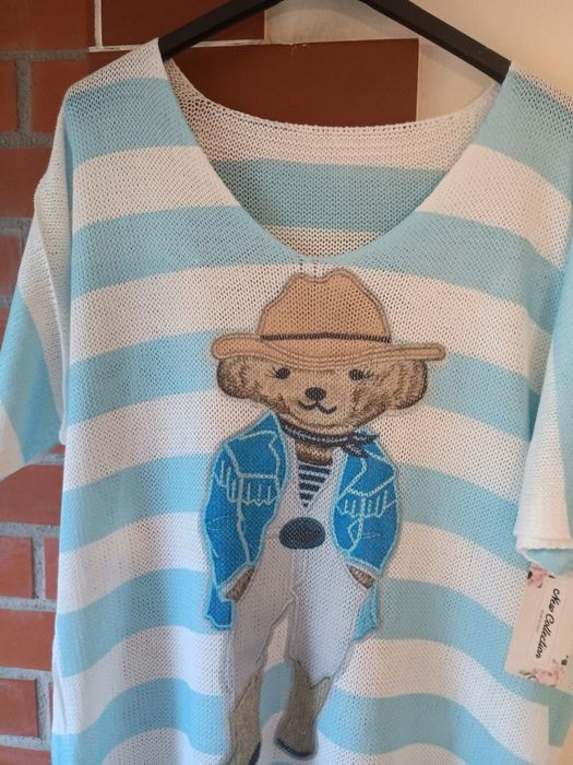 Nowa bluzka w biało błękitne pasy, aplikacja z misiem...xl