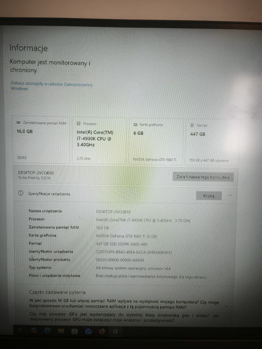 Komputer gamingowy  i7 4930k, 16gb ram,gtx1660ti,  sdd 480gb