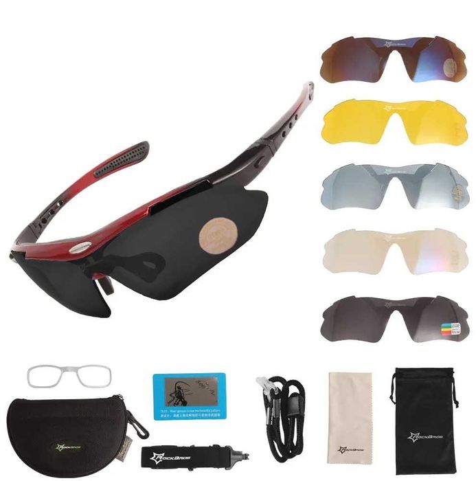 Солнцезащитные тактические очки 5 линз черные с красным RockBros