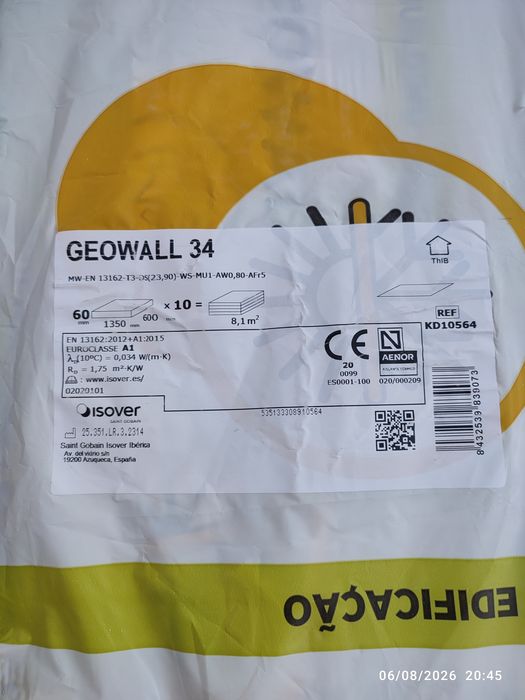 Painel Lã de Rocha ISOVER Geowall 34 (60mm) – Novo / Sobra de Obra