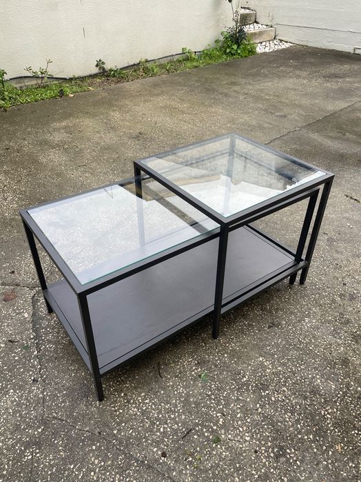 Mesas de encaixar IKEA, conj. 2, pret-cast/vidro, 90x50 cm