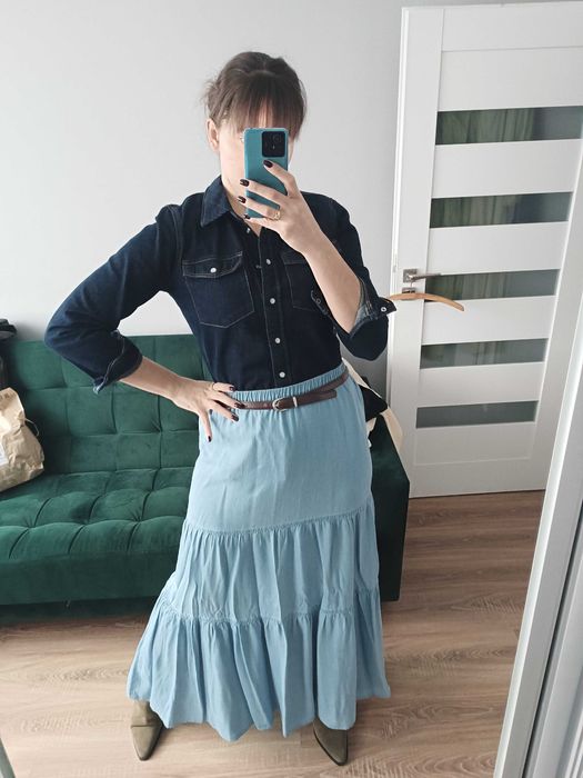Spódnica długa maxi jeansowa falbany falbanki