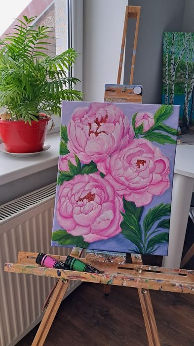 Obraz ręcznie malowany akrylem na płótnie z kwiatami.  40×50. Prezent