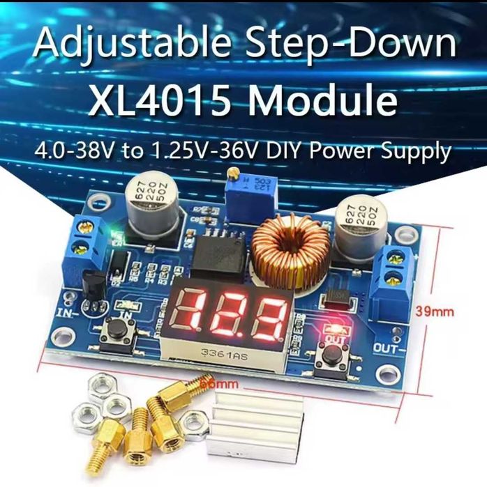 Понижающий DC-DC преобразователь XL4015, 5A, 75W регулируемый вольтметром 1.25V – 36V