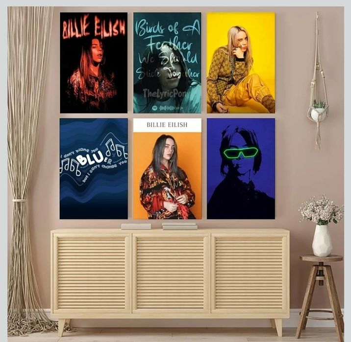 Billie Eilish Music Poster, plakat na płótnie, dekoracja pokoju, plakat estetyczny, wydruk, plakat dekoracyjny, 20 x 30 cm, bez ramki, 6 sztuk