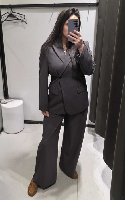 szara brązowa taliowana krzyżowana marynarka Zara XL 42 klasyczna luźna oversize do garnitur 2 w 1