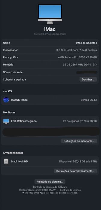iMac 27" Retina 5K (2020) — i7 8-core / 32GB / 1TB / Radeon Pro 5700 XT 16GB