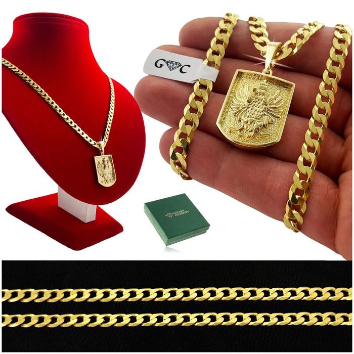 Gruby Złoty Naszyjnik Męski, Łańcuszek Pancerka + Wisiorek Orzeł, Godł