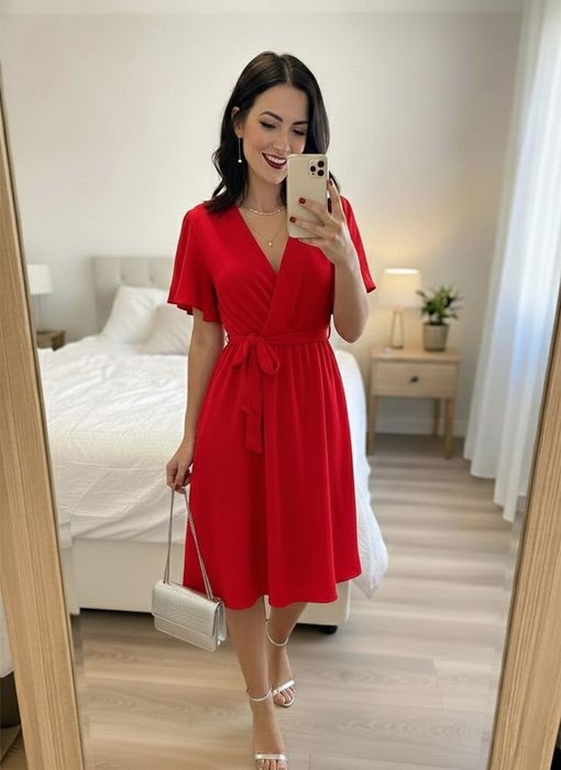 Wyjściowa zwiewna sukienka z kopertowym dekoltem