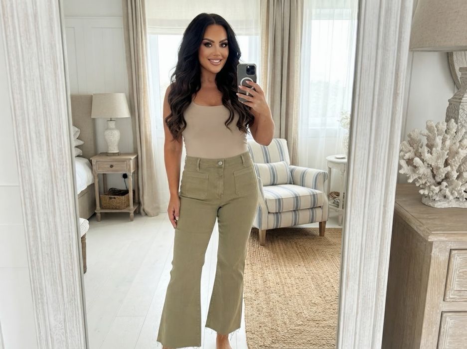 Nowe Jeansy Dzwony Mango 46 Flare Mid Waist Khaki Oliwkowe z Metką