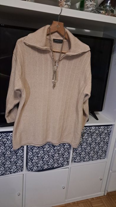 Sweter beżowy Passport r.XL rozpinany kołnierz,  bawełna, prążek